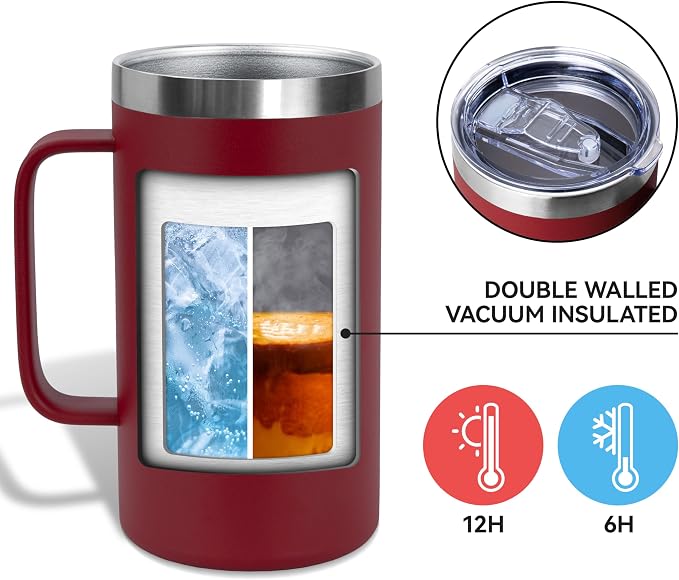 DOMICARE 24oz Mug with Handle and Lid, Stainless Steel Coffee Mug, Travel Mug with Handle, Double Wall Vacuum Coffee Tumbler, Reusable Insulated Cup, Dark Red, Pack 4 - Image 3