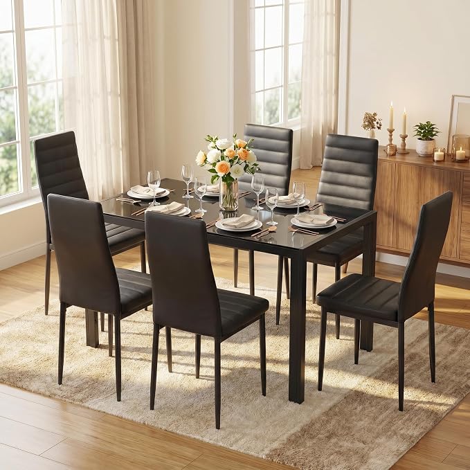 Gizoon Black 7 Piece Glass Dining Table Set, Kitchen Table and Chairs Set | PU Leather Modern Dining Room Furniture,Dining Table Sets,Space Saving Table and Chairs Set for Home, Kitchen, Living Room - Image 4