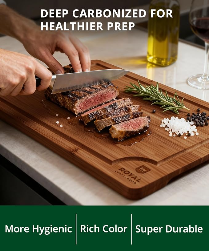 ROYAL CRAFT WOOD Wooden Cutting Boards for Kitchen Appliances - Non Toxic Bamboo Wood Cutting Board Set with Deep Juice Groove, Side Handles, Charcuterie & Butcher Block for Meat, Meal Prep & Serving - Image 6