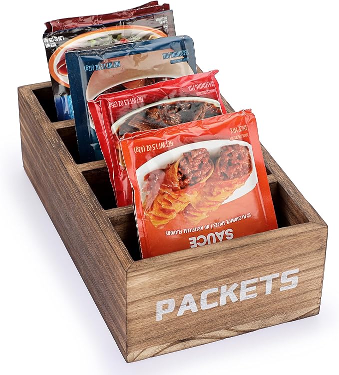 BSTKEY Seasoning Packet Organizer, Food Packet Storage Organizer with 4 Compartments, Wooden Storage Caddy for Kitchen Pantry Cabinet, Farmhouse Kitchen Organization Bin for Snacks Spice Packets by BSTKEY