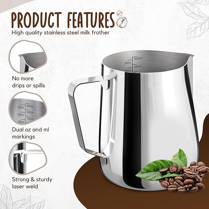 Milk Frothing Pitcher, 32OZ (900ml)– Stainless-Steel Milk Frother Cup with Latte Art Pen– Measurement on Both Sides– Rust-Resistant Frothing Pitcher for Milk, Cappuccino32OZ (900ml)