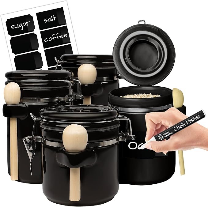 Home Intuition 4-Piece Ceramic Kitchen Canisters Set, Airtight Containers with Wooden Spoons Reusable Chalk Labels and Marker for Sugar, Coffee, Flour, Tea (Black) by HomeIntuition