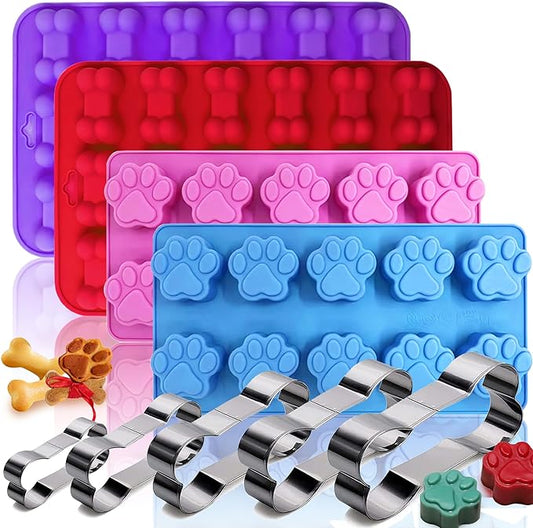 Set of 9-4 Silicone Molds Puppy Dog Paw and Bone，Silicone Dog Treat Molds and 5 Stainless Steel Bone Cookie Cutter，for Chocolate, Candy, Jelly, Dog Treats - Purple,Red,Pink,Blue