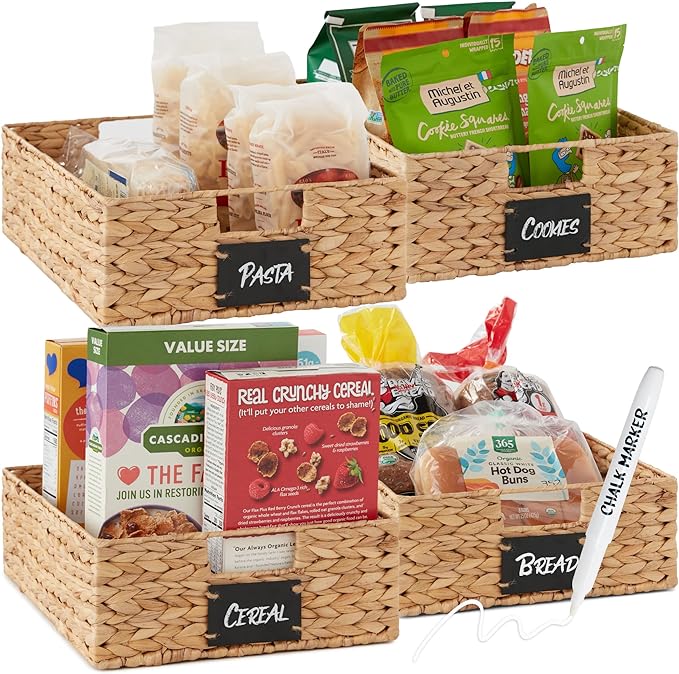 Best Choice Products Set of 4 16x12in Large Water Hyacinth Pantry Baskets, Woven Organizers w/Chalkboard Label, Chalk Marker - Natural by Unknown