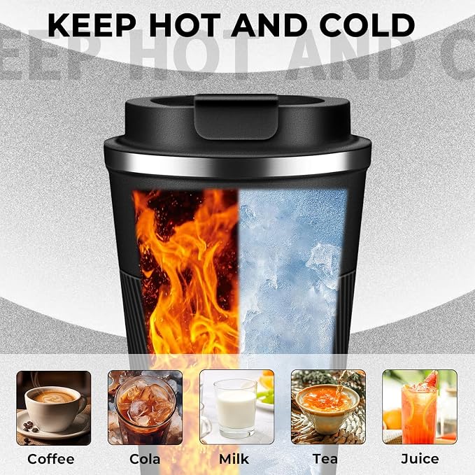 Insulated Coffee Tumbler 12 oz, Stainless Steel Coffee Mug with Lids, Travel Coffee Mug Leak Proof, Double Wall Vacuum Insulated Reusable Coffee Cup, Keep Drinks Hot and Cold (Black, 12 Ounces) - Image 5