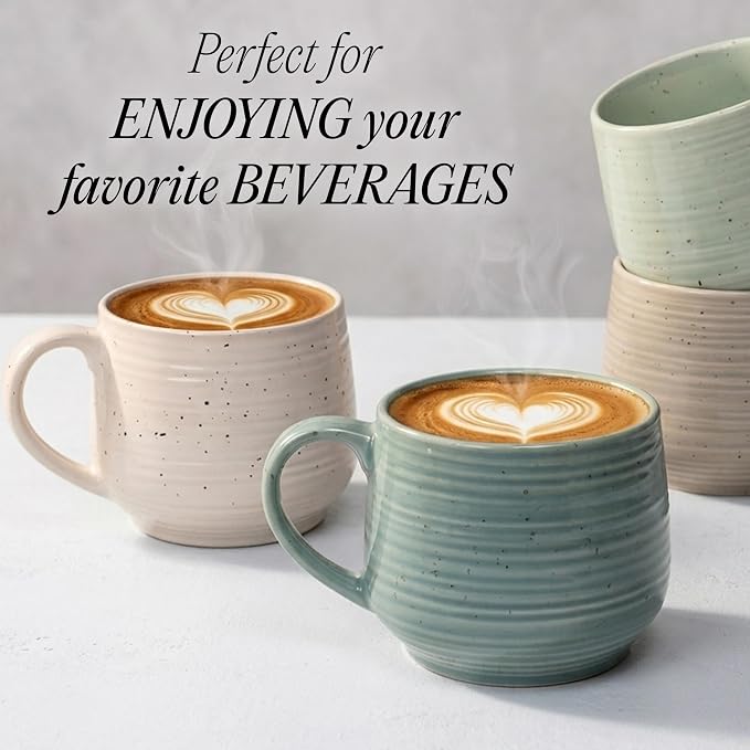 Sango Siterra Artist's Blend 17 oz. Stoneware Mug Set- Service for 4, Rustic Design, Green/White/Beige, Scratch-Resistant, Microwave & Dishwasher Safe, for Everyday Dining & Entertainment - Image 7