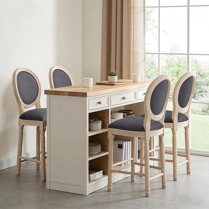 French Country Barstool, Linen Farmhouse Counter Height Chair | Set of 4, with Cushion Round Back and Solid Wood Legs, Oval Chairs for Restaurant, Bar, Kitchen, Café, Dark Grey - Image 2
