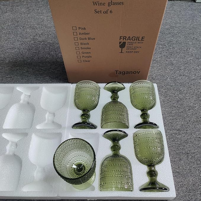 Taganov Glasses Drinking Wine Water Goblets Green Glassware set of 6 Vintage Stem Glasses Stemware 12 Ounces for Wedding Party Bar Twill Pattern Striped 350 ml - Image 8