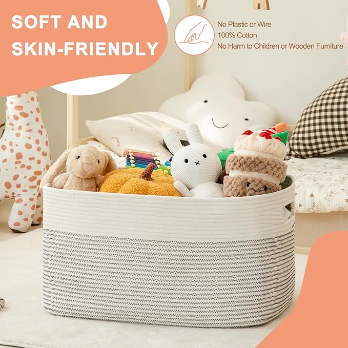75L Large Blanket Basket, Cotton Rope Woven Storage Basket for Living Room, Toy Bin for Kids, Bedroom, Nursery, Baby Room Decorative Organizer, 22''×17''×12'', Black & White