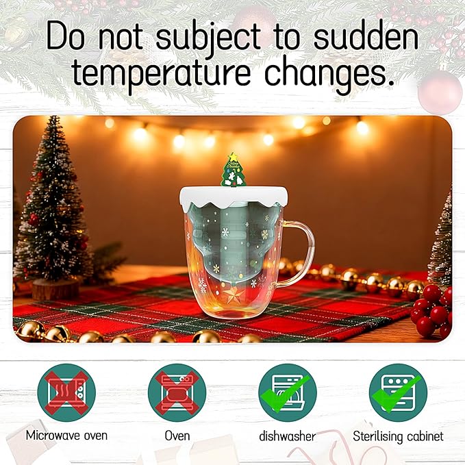2 Pack Christmas Mugs, Double Walled Borosilicate glass mug set with Snowflake Lid, Cute Mugs for Hot Cocoa and Coffee, 300ml Christmas tree mugs Holiday Gifts for Family, Friend