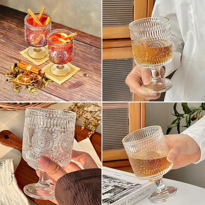 Pumtus 6 Pack Vintage Goblet Glasses, 7.6 OZ Embossed Floral Glass Cup, Clear Romantic Wine Glassware, Unique Pressed Pattern Stemware, Mixed Drink Glasses Set for Cocktail, Juice,Whiskey, Beer - Image 8