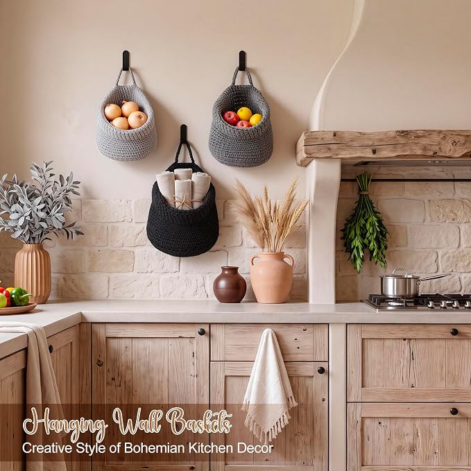 Honeydak Boho Decor Hanging Wall Baskets for Kitchen 3 Pack Teardrop Baskets with Hooks Storage Fruit Onion Vegetable Potato for Home(Light Grey, White, Dark Grey,Barrel,Cotton Rope) - Image 4