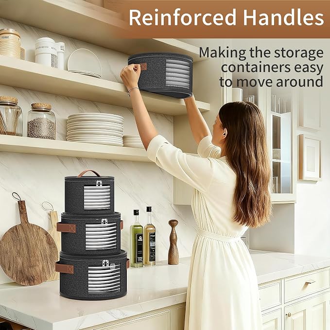 Foyego China Storage Containers, Dark Gray, 4 Piece Set | with Lid, Handles & Visible Window, Stackable Moving Boxes for Plates Storage, Sturdy Dish Packing Supplies for Protection - Image 6
