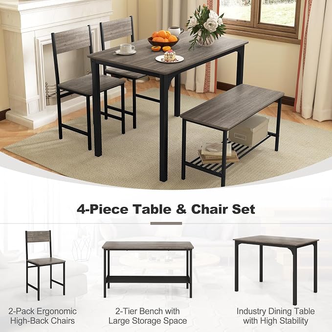 Giantex Dining Table Set for 4, Kitchen Table with Bench and Chairs, Industrial Gathering Bench Dining Set W/Metal Frame & Storage Rack, Dinette Set, Modern Functional Desk Set (Grey) - Image 5