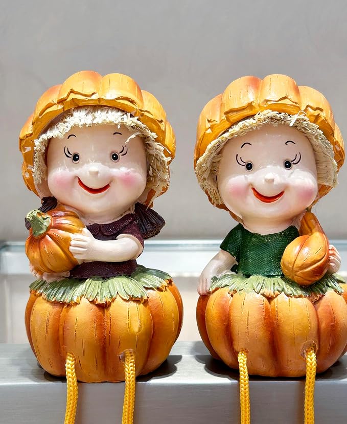 KiaoTime Fall Thanksgiving Scarecrow Pumpkin Shelf Sitters with Dangling Legs Decoration, Set of 2 Fruit Harvest Sculpture for Window Sill Kitchen Tabletop Autumn Home Decoration - Image 4