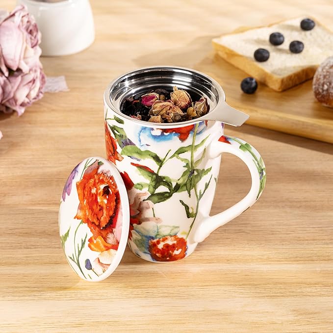 GBHOME Tea Mug with Infuser and Lid, 18 Ounce Large Ceramic Loose Leaf Cup, Microwave, Dishwasher Safe, Perfect for Tea Lovers