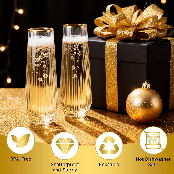 Goodluck 48pack 9oz Clear Stemless Plastic Champagne Flutes with Gold Rim | Ribbed Stemless Toasting Glasses，Champagne Flutes Plastic for Weddings, Bars, Events, Party And Celebrations - Image 4