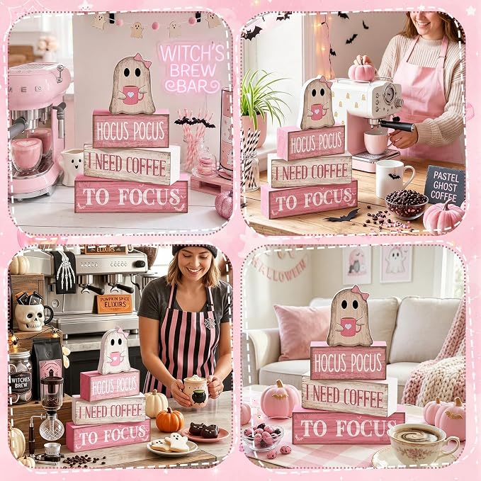 Moucuny 4 Pcs Pink Halloween Table Decorations Coffee Ghost Wooden Stacked Block Decor, "Hocus Pocus I Need Coffee to Focus" Signs, Cute Rustic Halloween Tiered Tray Decor for Home Kitchen Office Bar - Image 6