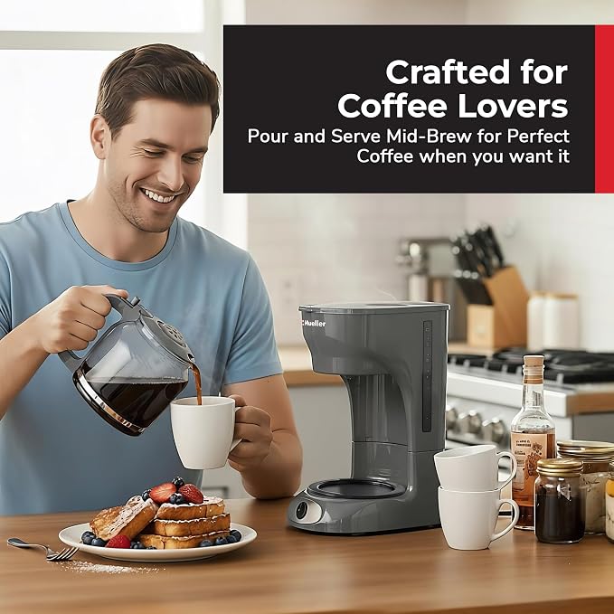MUELLER HOME 12-Cup Drip Coffee Maker, Gray | Borosilicate Carafe, Auto-Off, Reusable Filter, Anti-Drip, Keep-Warm Function - Image 8