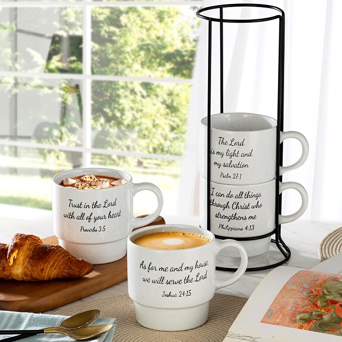Signature Housewares Stackable Coffee Mug Tower Set with Metal Wire Rack - 15 Ounce Coffee Mugs for Coffee, Tea, Cocoa, Milk, Cappuccino, Hot Chocolate Set of 4 - Inspirational Bible Verses - Image 6