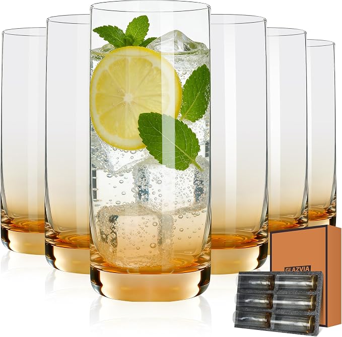 Amber Highball Glasses Set of 6,13oz Drinking Glass Cups for Mixed Drink Cocktail, Beer, Mojito, Water and Juice,Thick Tall Crystal Glassware for Kitchen, Restaurant, Home Bar and Parties by GLAZVIAElegantGlass