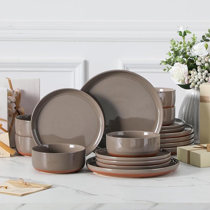 MALACASA Plates and Bowls Sets, 18 Pieces Modern Ceramic Dinnerware Set for 6 Kitchen Dinner Set Stoneware Dishware Dishes Set Microwave and Dishwasher Safe, Brown, Series TARA - Image 9