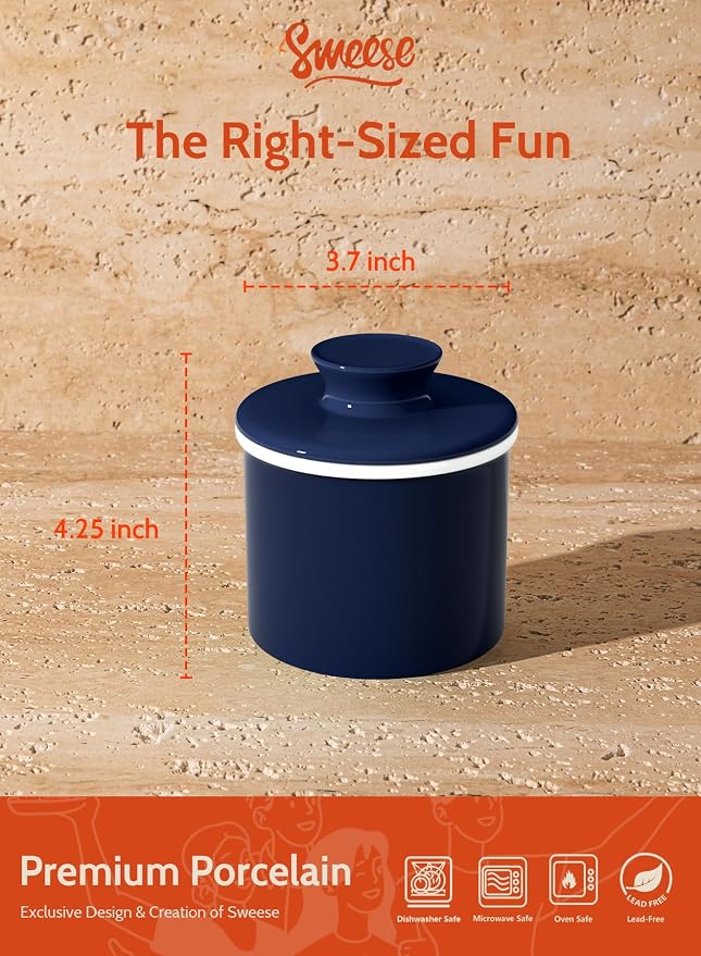 Sweese French Butter Dish with Lid - Butter Crock for Counter with Water Line for Spreadable Butter - No More Hard Butter - Navy - Image 2