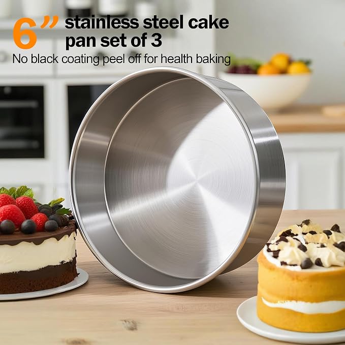 6 Inch Cake Pans Set of 3 with 100 Pieces Parchment Paper | Stainless Steel Baking Pan For Layered Cakes, Smash Cake Pans Mirror Finish Dishwasher Safe Small Cake Pan Set Cake Mold - Image 2