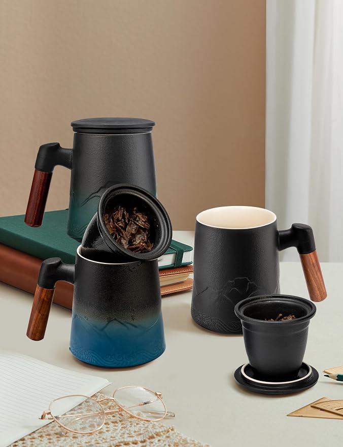 suyika Tea Cup with Infuser and Lid, 15.2 Ounce Wood Handle Ceramic Loose Leaf Mug Gradient Black 450ml - Image 7