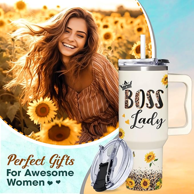 Boss Lady Tumbler 40oz with Handle - Sunflower Gifts for Women, Administrative Professional Day, Christmas - Thank You Gift for Manager