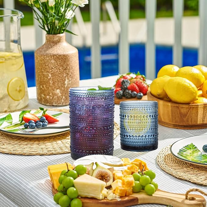 Blue Hobnail Drinking Glasses Set of 8, 15 oz Vintage Highball Glassess & 12 oz Cocktail Glasses, Drinkware Kitchen Glasses for Cocktail, Iced Coffee, Beer, Ice Tea, Wine, Whiskey, Water - Image 2