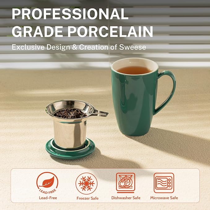 Sweese 15 OZ Porcelain Tea Mug with Infuser and Lid, Loose Leaf Tea Cup, Gifts for Tea Lover, Sage Green - Image 3