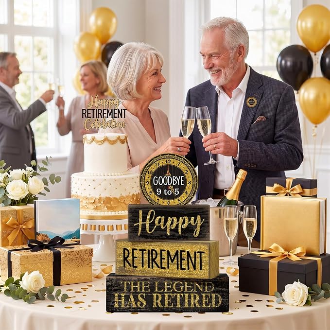 Moucuny 4 Pcs Retirement Party Decorations Happy Retirement Table Decor Black and Gold Goodbye Centerpieces for Tables Decorative Clock Block Signs Gift for Retired Party Supplies Men and Women - Image 4