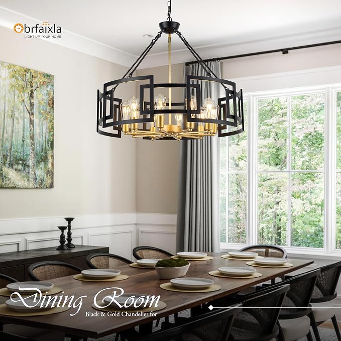 Modern 31.5" Black Gold Chandelier for Dining Room Large Industrial Vintage 6-Light Round Ceiling Mount Pendant Light Fixture for Kitchen Bedroom Living Room Stairway Hallway Entryway Foyer - Image 3