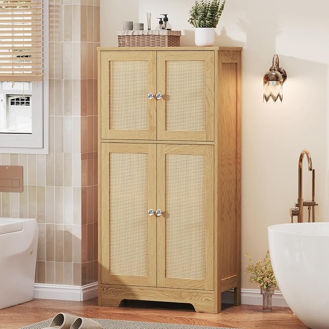 TEENFON Storage Cabinet, Rattan Cabinets with 2 Adjustable Shelves & 4 Doors, Bathroom Cabinet, Cupboard, Floor Cabinets for Living Room, Entryway, Kitchen, Home Office, Natural - Image 2