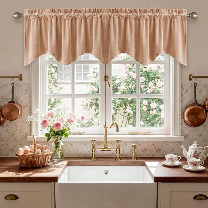 Blush Beige Velvet Window Valance 52x18 Inch 1 Panel | Soft Wavy Scalloped Window Treatment for Kitchen Small Windows, Elegant Half Window Drape for Bathroom, Cabinet by StangH