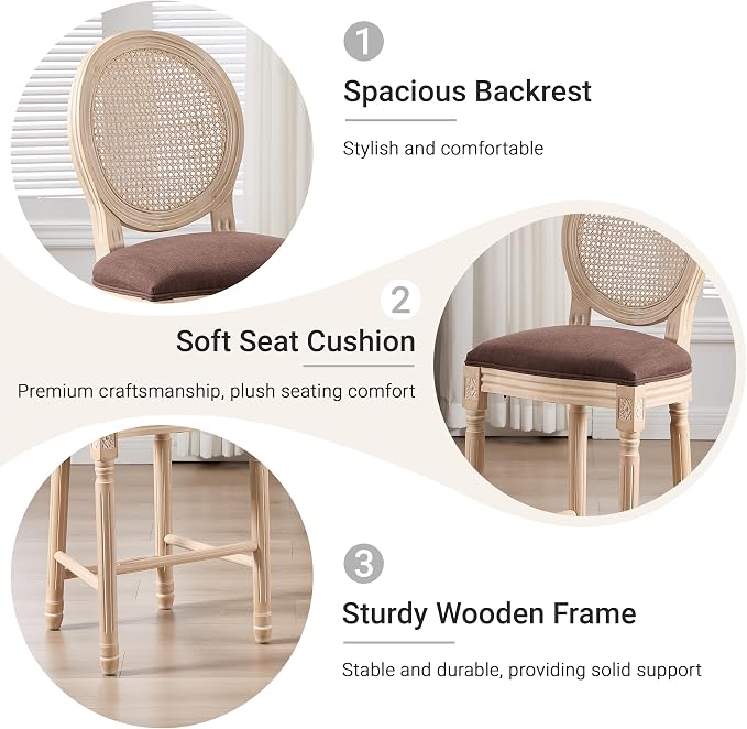 French Country Barstool, Linen Farmhouse Counter Height Chair | Set of 6, with Rattan Round Back and Solid Wood Legs, Oval Chairs for Restaurant, Bar, Kitchen, Café, Brown - Image 4