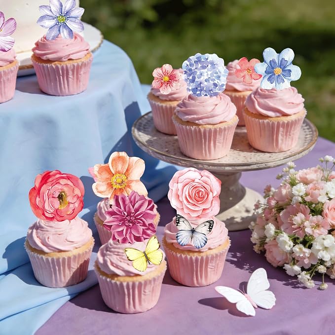 138pcs Edible Flower Butterflies Cake Topper Wafer Paper Flower Cupcake Toppers Mixed Size Hawaiian Flower Cake Decorations for Tropical Luau Birthday Baby Shower Party Supplies - Image 3