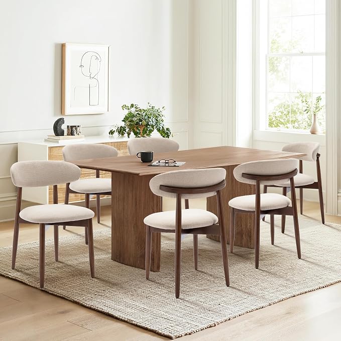 COLAMY Wooden Dining Chairs Set of 6, Modern Upholstered Fabric Dining Room Chair, Farmhouse Kitchen Side Chairs with Foot Pegs, Beige by COLAMYHOME