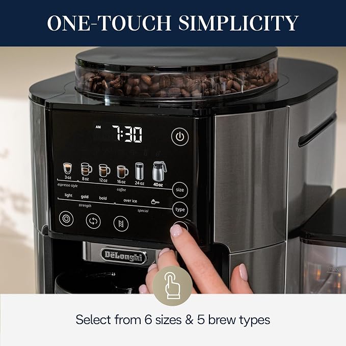 De'Longhi TrueBrew Drip Coffee Maker, Grinder, 8 to 40 oz, Built-In Grinder | #1 Worldwide Espresso Machine Maker, Built-in Grinder, 40 oz Coffee Pot, 5 Brew Styles, 6 Brew Sizes, One-Touch Simplicity - Image 3
