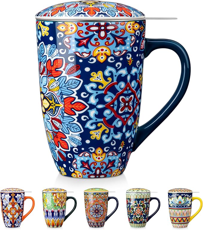 vancasso Ceramic Tea Mug with Infuser and Lid, 18 Ounce Bohemian Loose Leaf Cup, Microwave & Dishwasher Safe, Perfect for Tea, Coffee, Royal-Crimson Flourish by vancasso