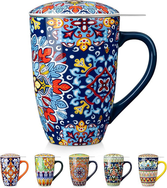 vancasso Ceramic Tea Mug with Infuser and Lid, 18 Ounce Bohemian Loose Leaf Cup, Microwave & Dishwasher Safe, Perfect for Tea, Coffee, Royal-Crimson Flourish by vancasso