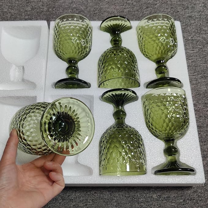 Taganov Green Wine Glass Water Goblets Vintage Glassware set of 6 Colored Stemware 13.5 oz for Wedding Party Bar Housewarming Gift - Image 7