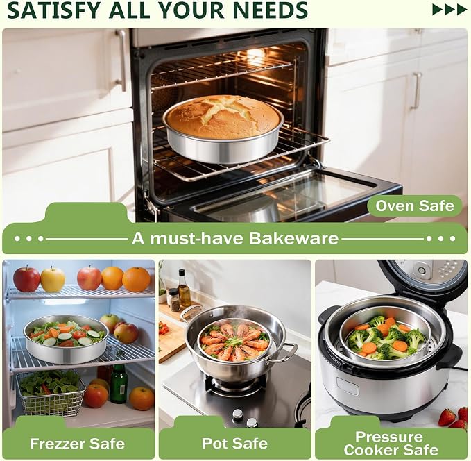 P&P CHEF 9 Inch Cake Pan Set of 2, Stainless Steel Round Cake Baking Pan | Layer Cake Tin Bakeware for Cooking Steaming, Ideal for Birthday Wedding Anniversary, Fit for Home & Commercial Use - Image 4