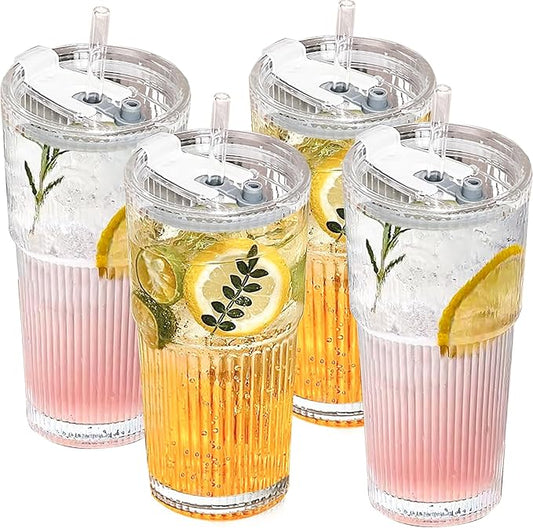 220 oz Glass Tumbler with Lid and Straw, 4 Pack Clear Ribbed Iced Coffee Cup, High Borosilicate Glass Tumbler, Reusable Vintage Glassware for Iced Coffee, Smoothies, Cocktails, and Juices (Pattern)