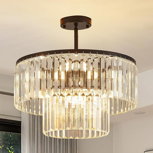17.7" Black Semi Flush Mount 2-Tier Crystal Ceiling Light Fixtures for Dining Room Modern Luxury 8-Light Chandeliers Lighting for Bedroom Entryway Hallway Kitchen Island Living Room Foyer by Lighceac-ProfessionalLightingFixturesManufacturer