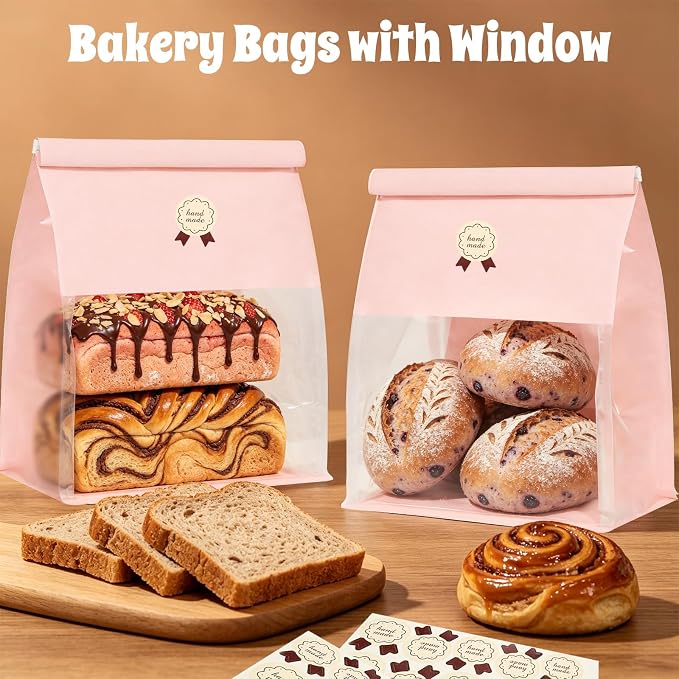 "Funcoo Paper Bread Bags with Tabs for Homemade Sourdough Bread, Pink Bakery Bread Bags with Window/Tin Tie Tab Lock, Large Bakery Loaf Bag for Baked Goods Packaging" (50, X-Large) - Image 6