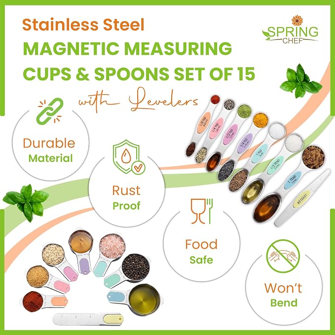 Spring Chef Magnetic Measuring Cups & Spoons Set of 15, Patented, Pastel | Stackable Stainless Steel Measuring Cups & Heavy Duty Metal Measuring Spoons with Levelers for Dry & Liquid Ingredients - Image 2
