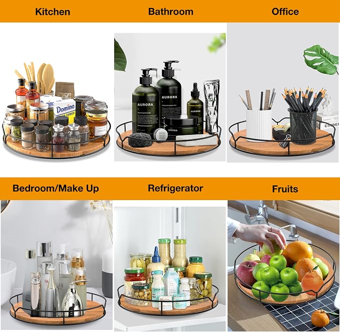 Lazy Susan Turntable Organizer for Cabinet Pantry Kitchen Countertop Refrigerator Cupboard, Pine Wood (Carbonized Black, 12“) - Image 6