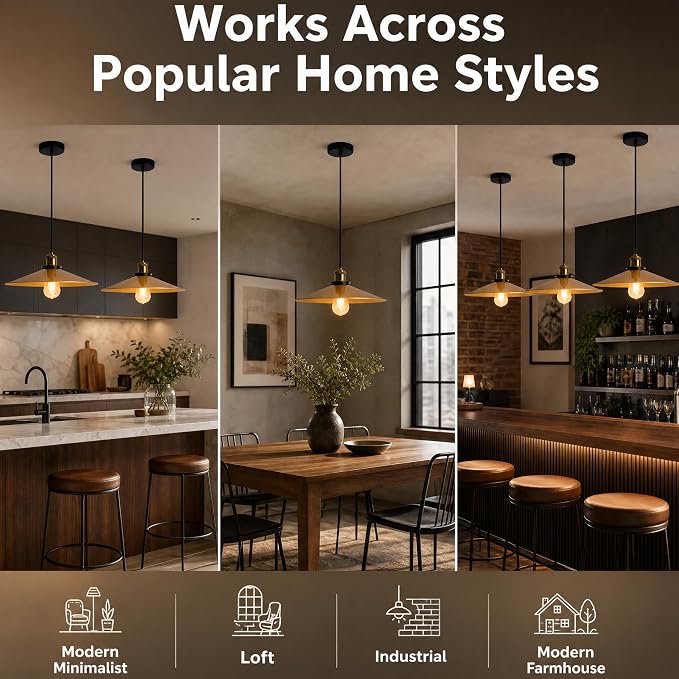 KCO Lighting Industrial Gold Pendant Lights Kitchen Island, 14.2” Modern Farmhouse Pendant Lighting for Dining Room Living Room Bedroom E26 Hardwired Hanging Ceiling Lamp with Adjustable Height - Image 5